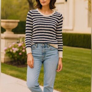 GAP Striped Crochet Chunky Knit Sweater Coastal Grandma Nautical Blue Cream Med